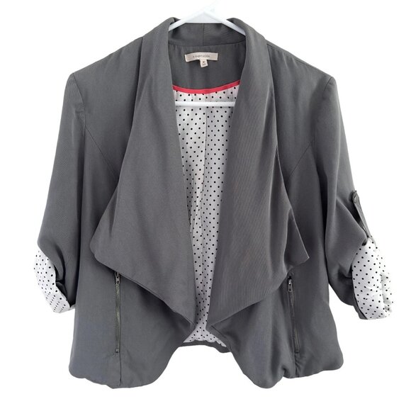 41 Hawthorn Gray Open Front Blazer Roll Tab Sleeves Polka Dot Lining Women’s Lar - Picture 9 of 10